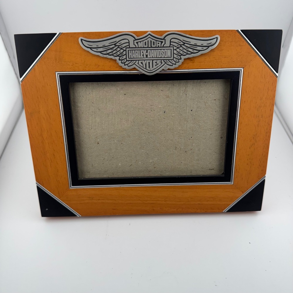 Harley Davidson Picture Frame 4x6 Wood Black Winged Logo Biker Hallmark 9x7